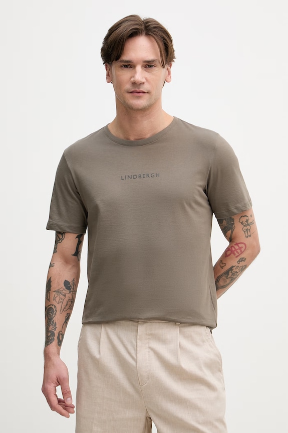 Lindbergh T-shirt basic męski bawełniany brązowy 30.400200B