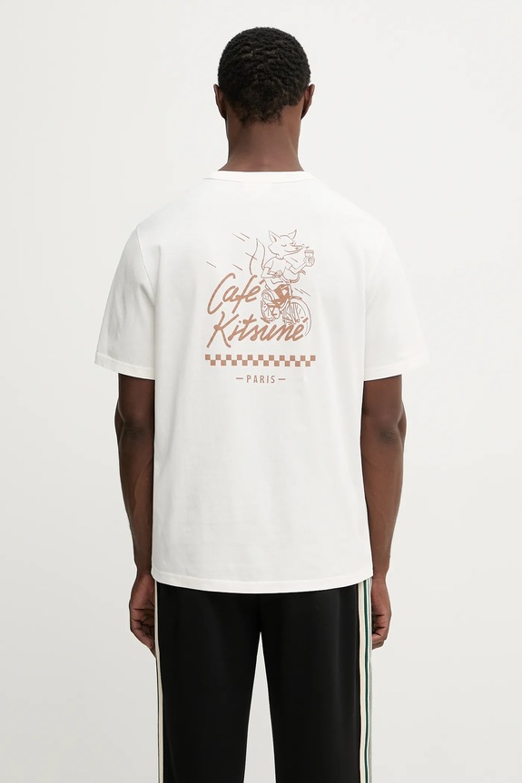 Памучна тениска Café Kitsuné Biking Barista Fox Relax свободна бежов PU00101KJ7014