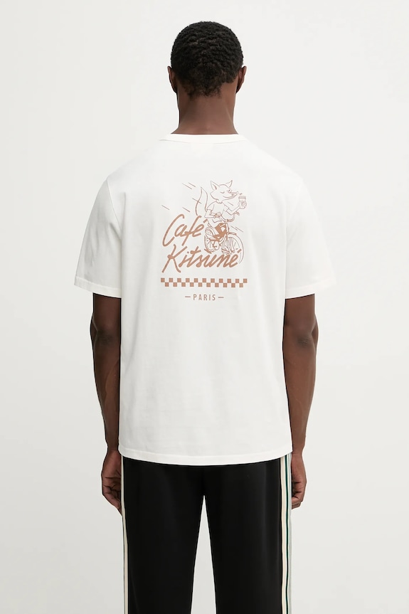 Памучна тениска Café Kitsuné Biking Barista Fox Relax свободна бежов PU00101KJ7014