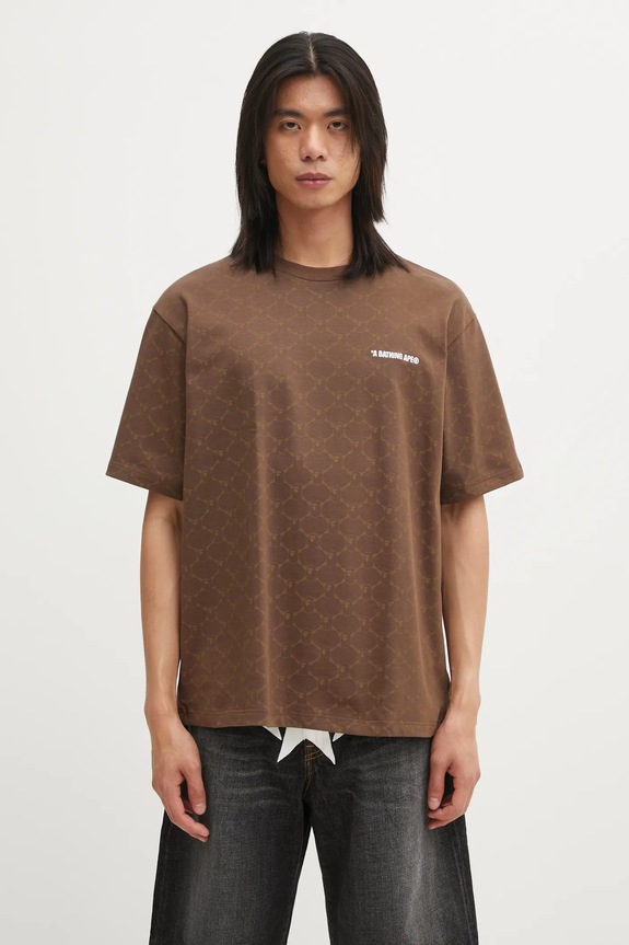 Хлопковая футболка A Bathing Ape College Monogram Logo узор коричневый 001CSL301316M