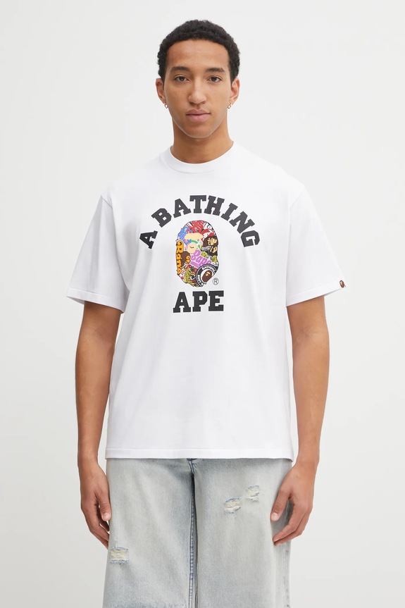 Bavlněné tričko A Bathing Ape Multi Logo College relaxed bílá 1L30110358