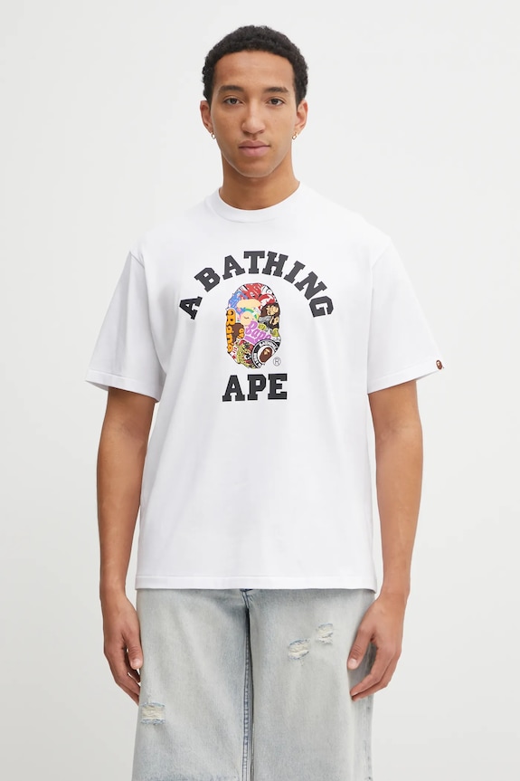 Bavlněné tričko A Bathing Ape Multi Logo College relaxed bílá 1L30110358