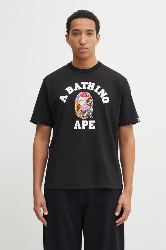 Bavlněné tričko A Bathing Ape Multi Logo College relaxed černá 1L30110358