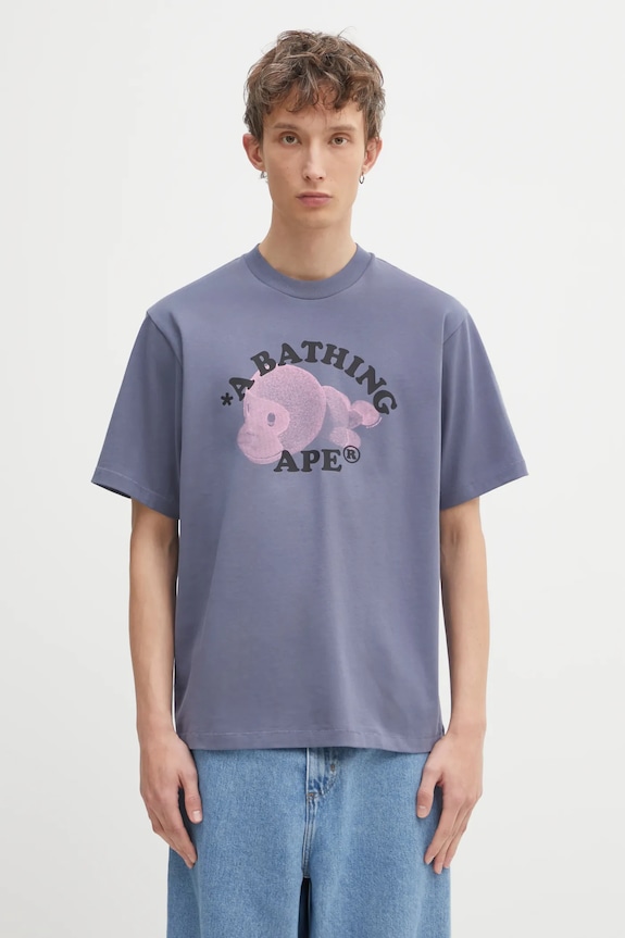 A Bathing Ape tricou din bumbac Milo College Relaxed print gri 2L30110302