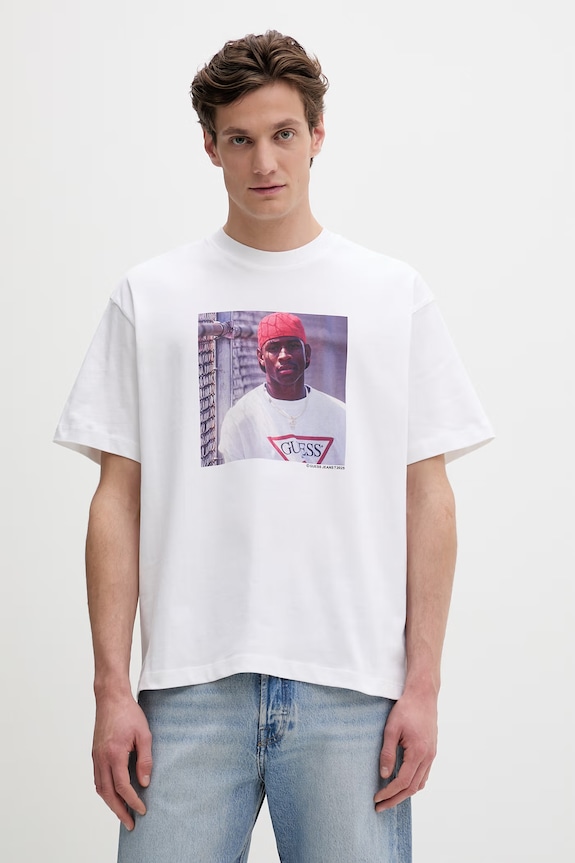 Bavlněné tričko Guess Jeans kulatý bílá M5BI3G.K8FQ4