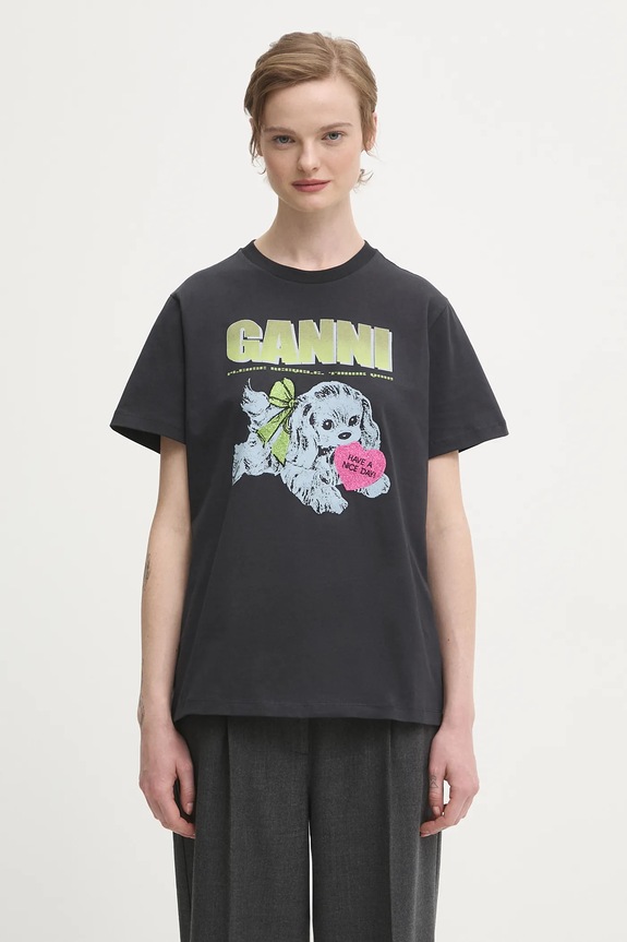 GANNI t-shirt bawełniany Basic Cotton Jersey Neon Puppy nadruk szary T4333