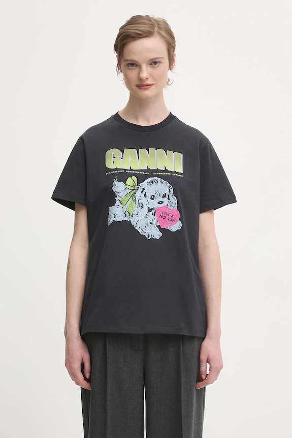 GANNI t-shirt bawełniany Basic Cotton Jersey Neon Puppy nadruk szary T4333