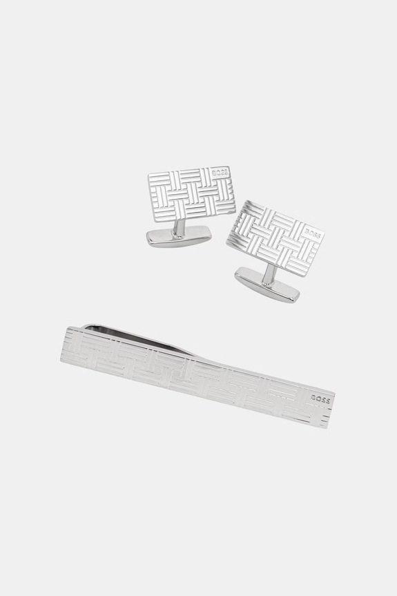 BOSS spinki do mankietów męskie B-TEXTUREDSET-TIE srebrny 50565251