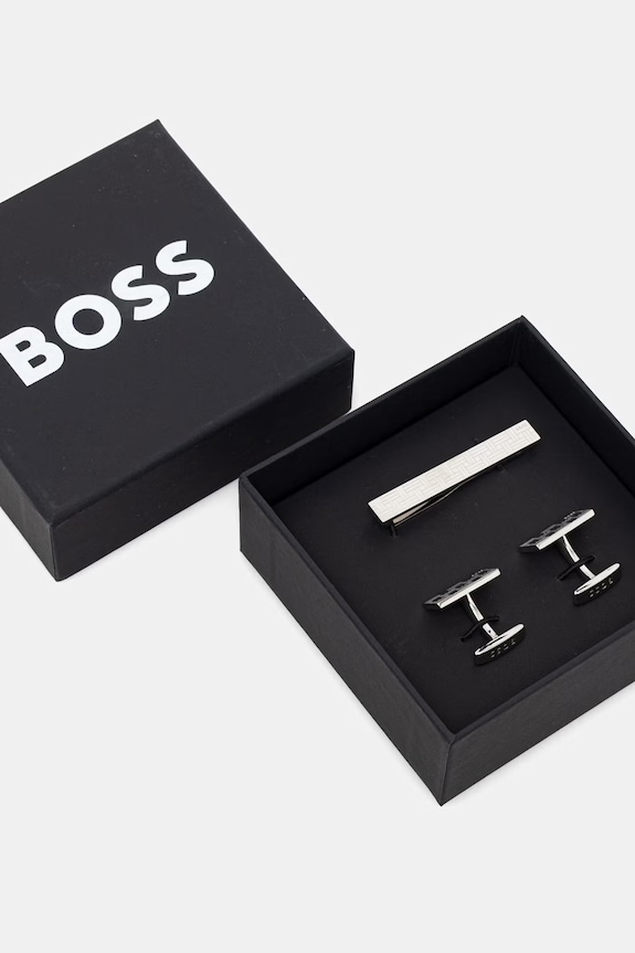 BOSS spinki do mankietów męskie B-TEXTUREDSET-TIE srebrny 50565251