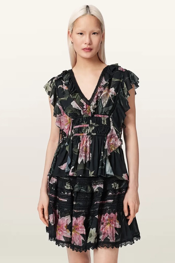 AllSaints halenka s volánkem dámská z modalu CANTO černá W099PE