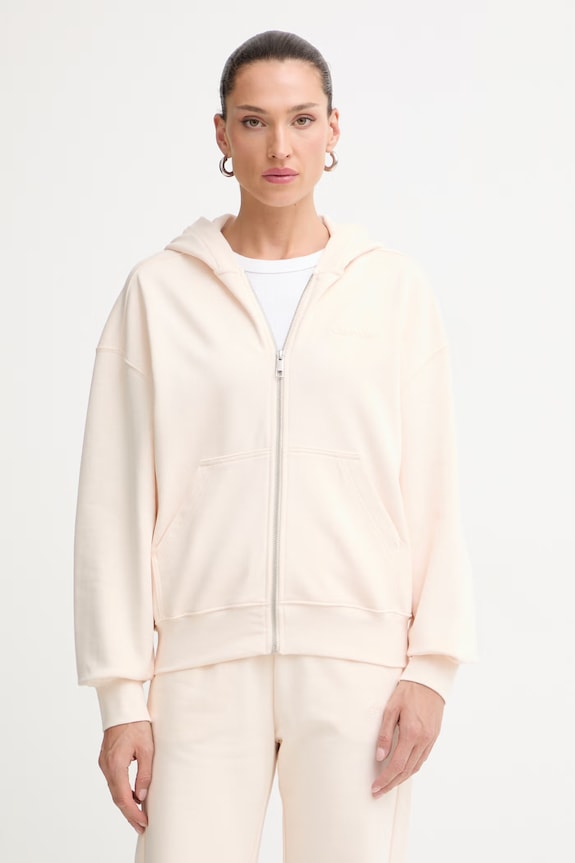 Calvin Klein Μπλούζα με κουκούλα γυναικεία βαμβακερή μπεζ LV044G215G