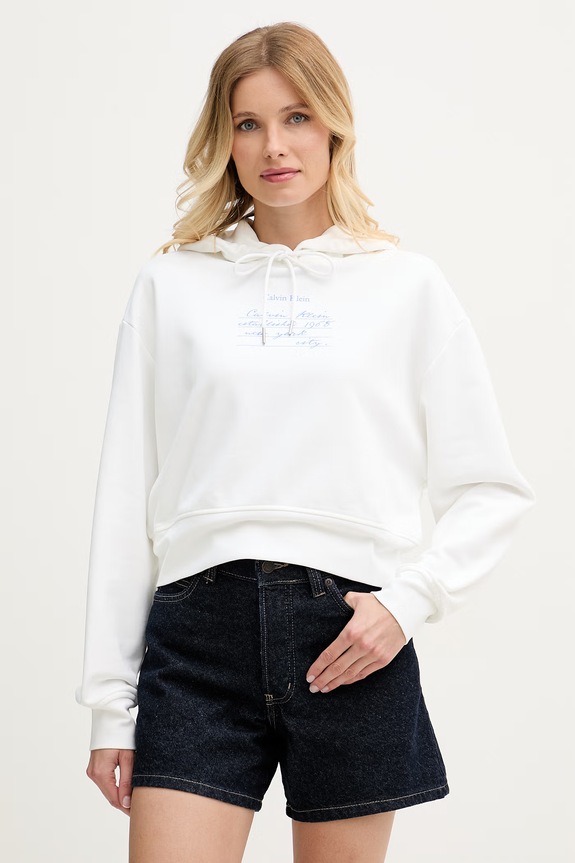 Calvin Klein Jeans mikina s kapucí dámská bavlněná bílá LV047G204G