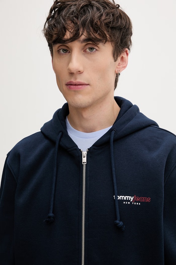 Tommy Jeans μπλούζα με κουκούλα και κουμπιά ανδρική με βαμβάκι σκούρο μπλε DM0DM23404