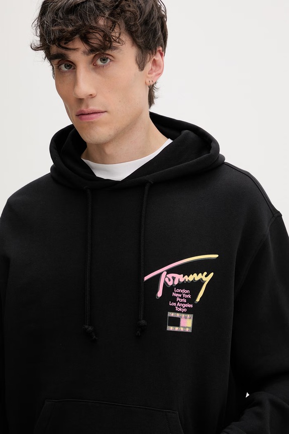 Tommy Jeans μπλούζα με κουκούλα ανδρική βαμβακερή μαύρο DM0DM23129