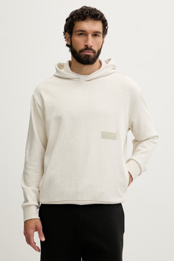 BOSS Green кофта с капюшоном мужская с хлопком SW_Hoodie бежевый 50564113