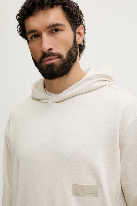 BOSS Green кофта с капюшоном мужская с хлопком SW_Hoodie бежевый 50564113
