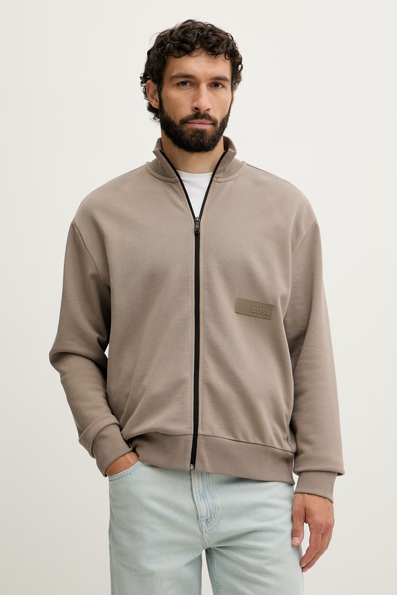BOSS Green кофта на замке мужская хлопковая SW_Collar Full Zip бежевый 50564104