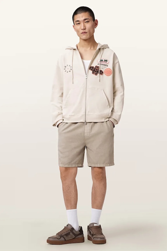 Одяг AllSaints кофта, яка розстібається, з капюшоном чоловіча бавовняна PATCHER M014NE бежевий