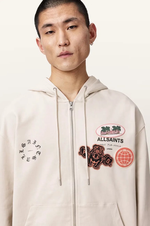 AllSaints кофта, яка розстібається, з капюшоном чоловіча бавовняна PATCHER бежевий M014NE