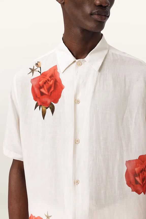 AllSaints koszula męska z lnem FLEUR M108SE beżowy