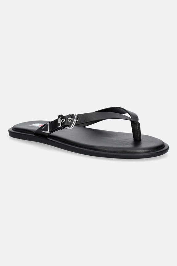 Tommy Jeans šľapky dámske kožené TJW FLAT LEATHER SANDALS čierna EN0EN03096
