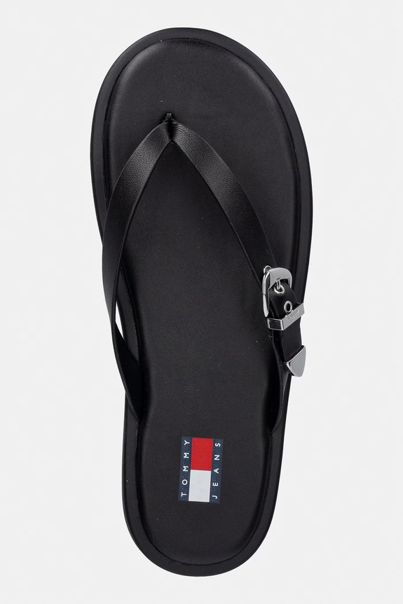 Tommy Jeans šľapky dámske kožené TJW FLAT LEATHER SANDALS čierna EN0EN03096