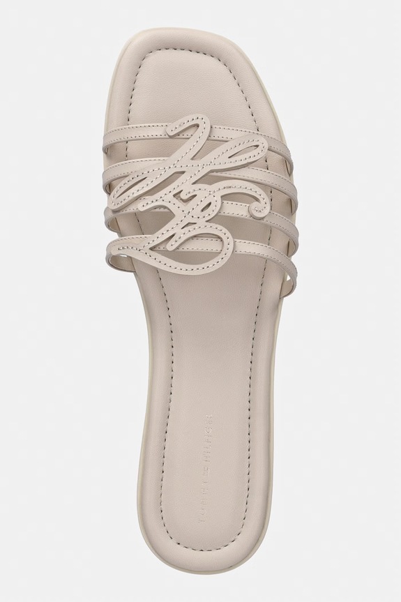 Tommy Hilfiger klapki z odkrytymi palcami damskie skórzane TH SCRIPT FLAT MULE LTH beżowy FW0FW09368