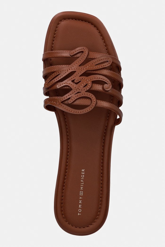 Tommy Hilfiger klapki z odkrytymi palcami damskie skórzane TH SCRIPT FLAT MULE LTH brązowy FW0FW09368