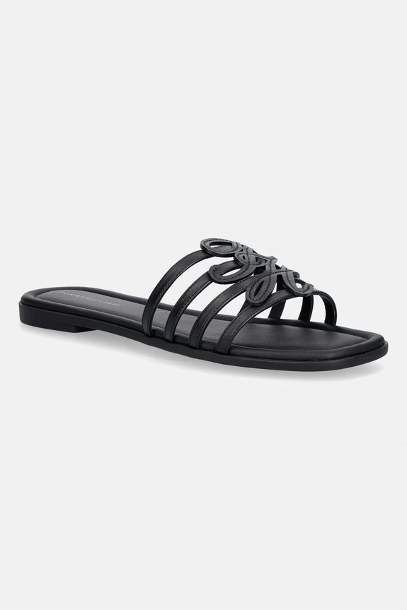Tommy Hilfiger klapki z odkrytymi palcami damskie skórzane TH SCRIPT FLAT MULE LTH czarny FW0FW09368