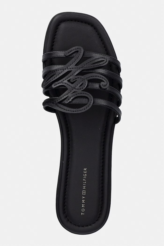 Tommy Hilfiger klapki z odkrytymi palcami damskie skórzane TH SCRIPT FLAT MULE LTH czarny FW0FW09368