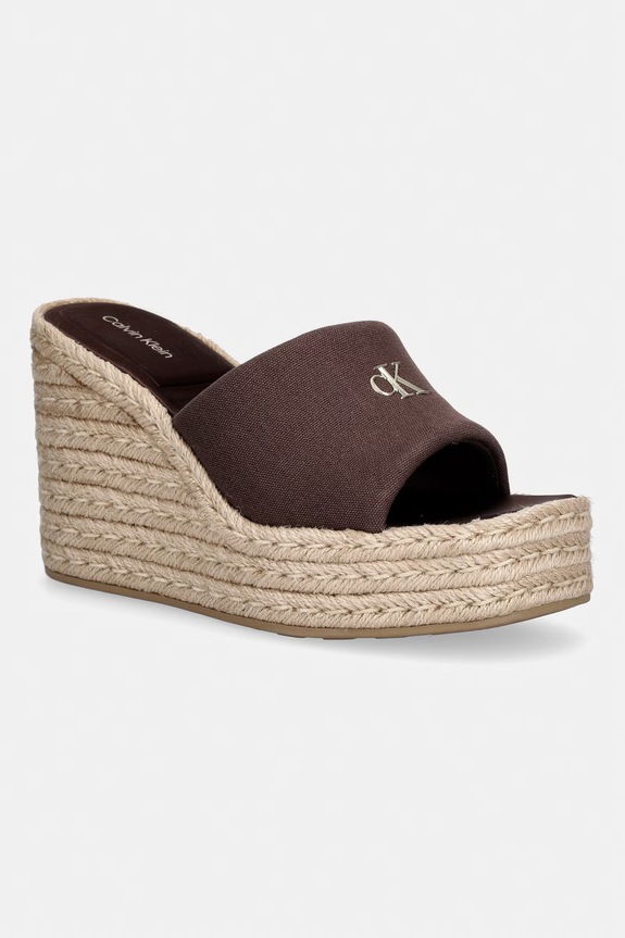 Calvin Klein klapki na koturnie damskie WEDGE ESPAD 70 CANVAS MG brązowy HW0HW03282.BAM