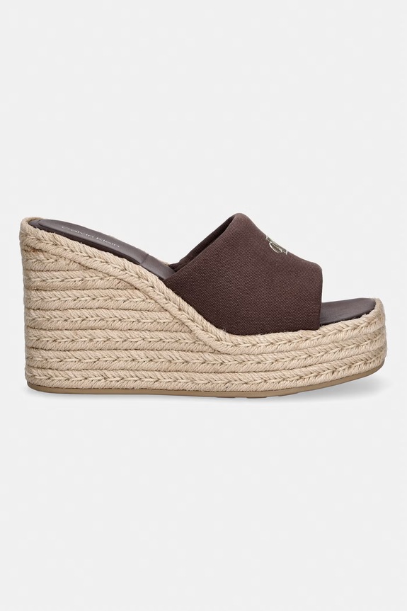 Calvin Klein klapki na koturnie damskie WEDGE ESPAD 70 CANVAS MG HW0HW03282.BAM brązowy AW26