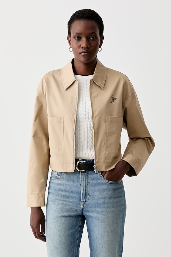 Tommy Hilfiger prechodná bunda dámska bavlnená s elastanom béžová WW0WW50144
