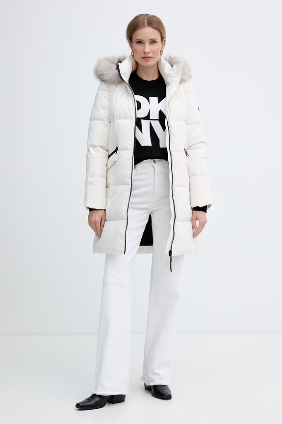 DKNY długa kurtka damska DLEMPN25 beżowy AW26