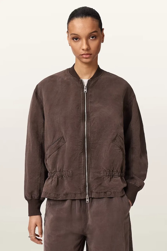 AllSaints bunda bomber dámska s ľanom SOFI hnedá W071OE
