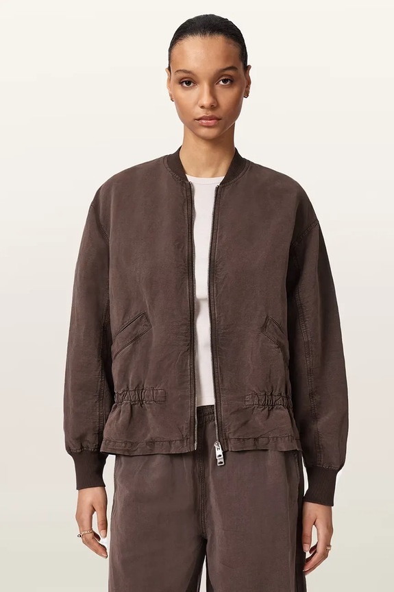 AllSaints bunda bomber dámska s ľanom SOFI hnedá W071OE