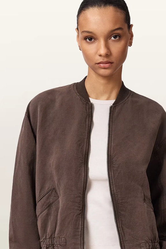 AllSaints bunda bomber dámska s ľanom SOFI W071OE hnedá
