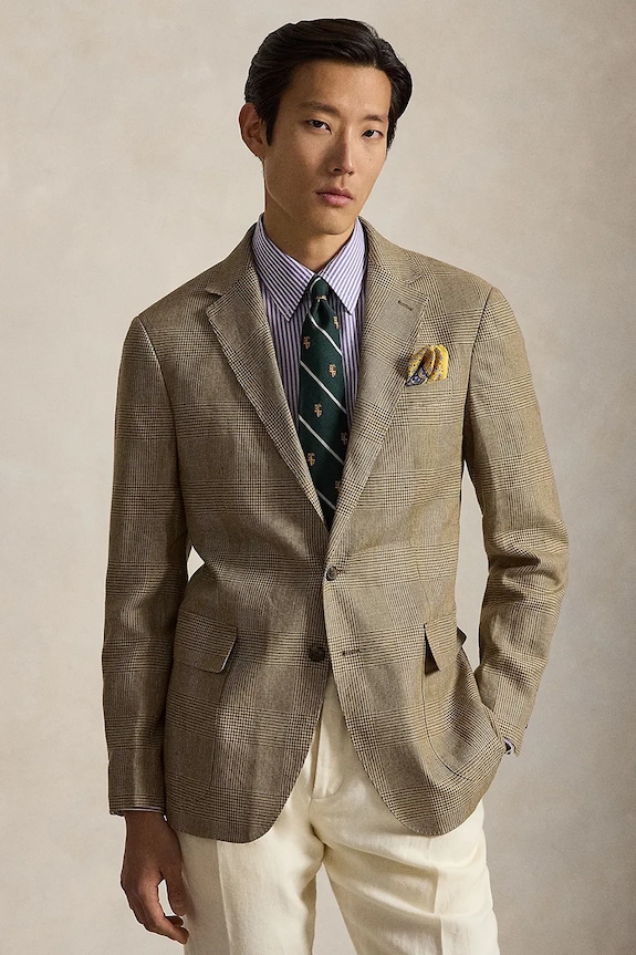 Polo Ralph Lauren sako pánské se lnem zelená 715B19077