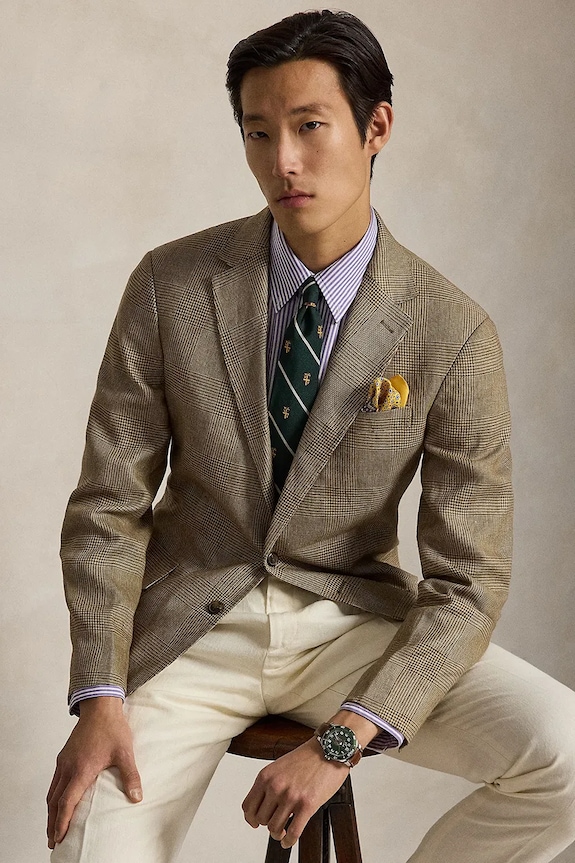 Polo Ralph Lauren sako pánské se lnem zelená 715B19077