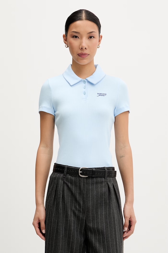 Tommy Jeans polo pentru femei, din bumbac cu elastan albastru DW0DW23140