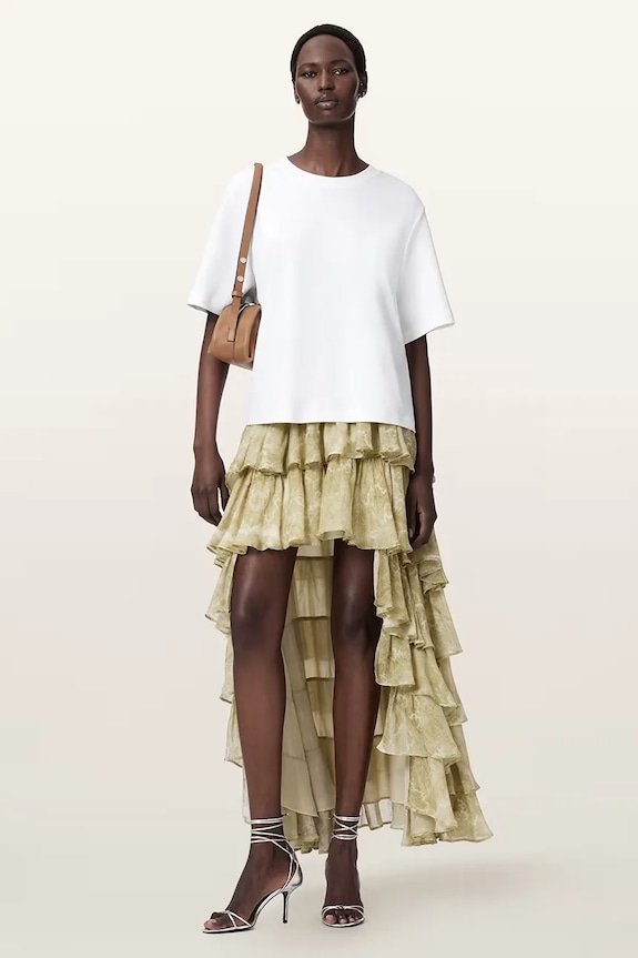 AllSaints asymetrická sukňa s viskózou CAVARLY W101RE žltá AW26