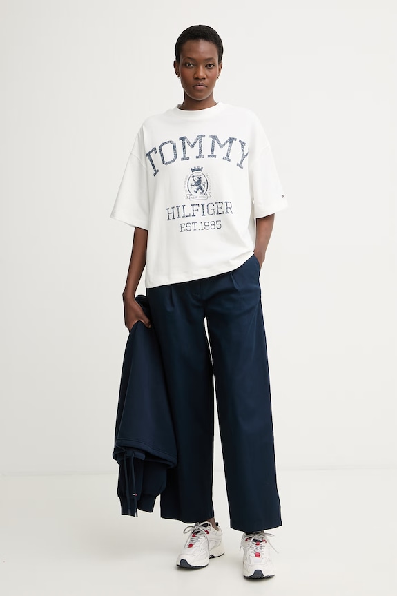Tommy Hilfiger nohavice dámske bavlnené WW0WW50089 tmavomodrá AW26