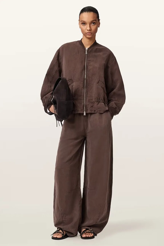 Ρούχα AllSaints παντελόνι wide leg γυναικείο με πρόσμιξη λινού JETT W070TE καφέ