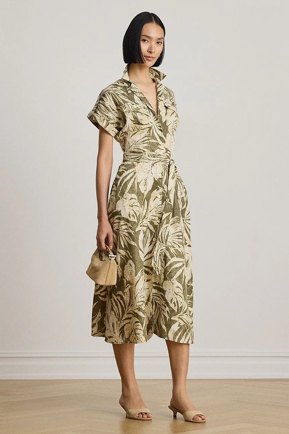Lauren Ralph Lauren rozšířené šaty lněné zelená 200B24676
