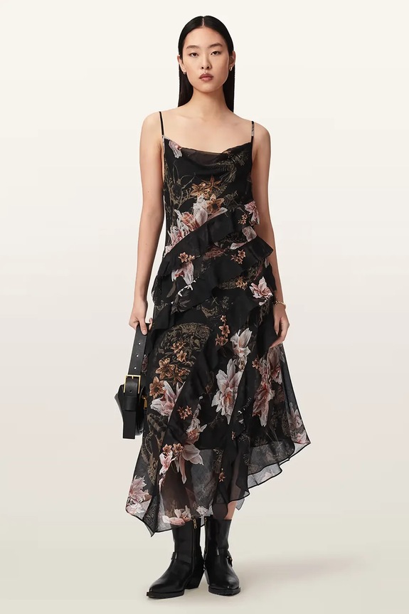 AllSaints sukienka asymetryczna z dodatkiem jedwabiu RUTH czarny W087DE
