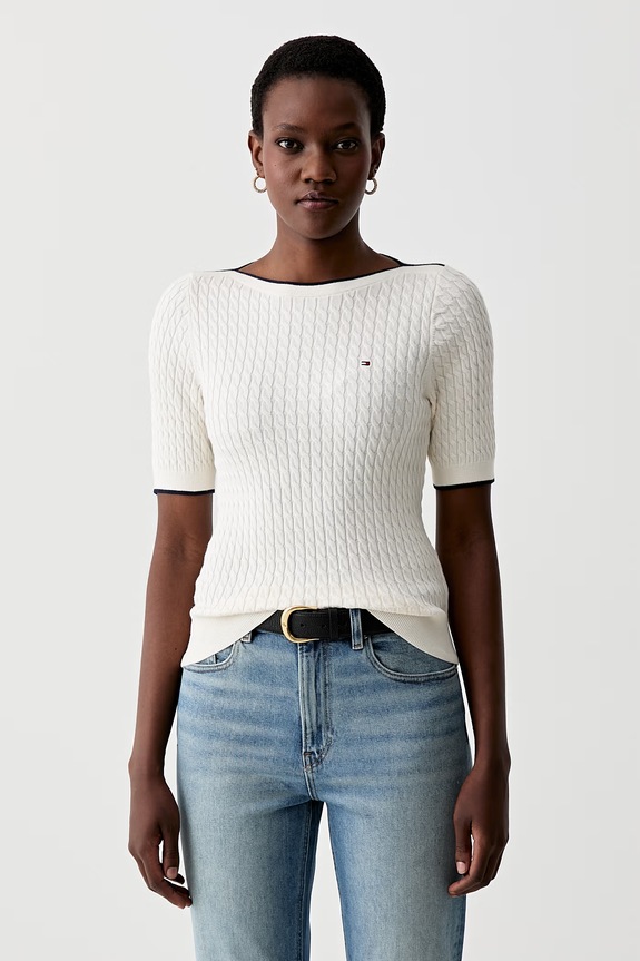 Tommy Hilfiger T-shirt swetrowy damski bawełniany beżowy WW0WW50103