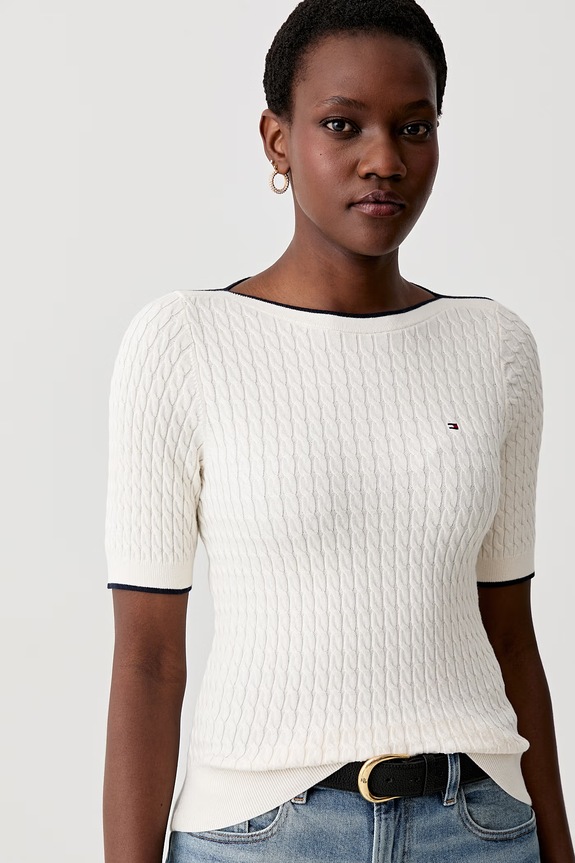 Tommy Hilfiger T-shirt swetrowy damski bawełniany beżowy WW0WW50103