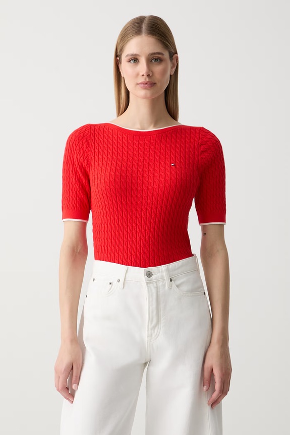 Tommy Hilfiger T-shirt swetrowy damski bawełniany czerwony WW0WW50103