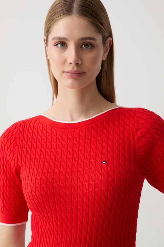 Tommy Hilfiger T-shirt swetrowy damski bawełniany czerwony WW0WW50103