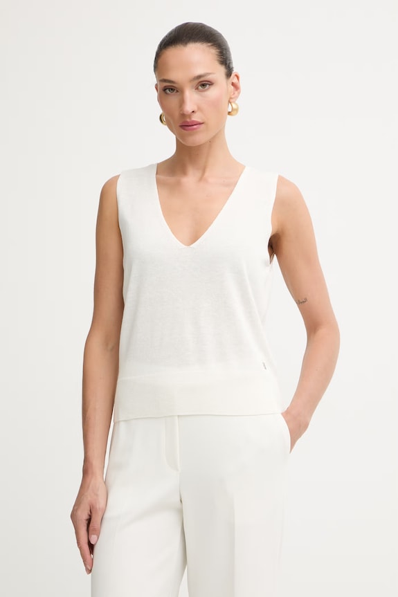 Calvin Klein top damski z lnem beżowy LV044G307G